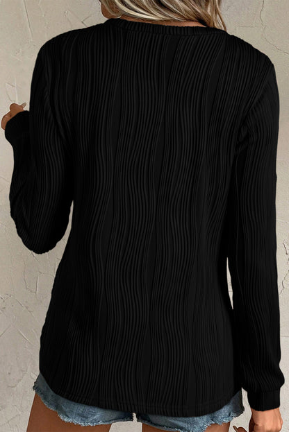 Black Textured Wavy Round Neck Long Sleeve Top