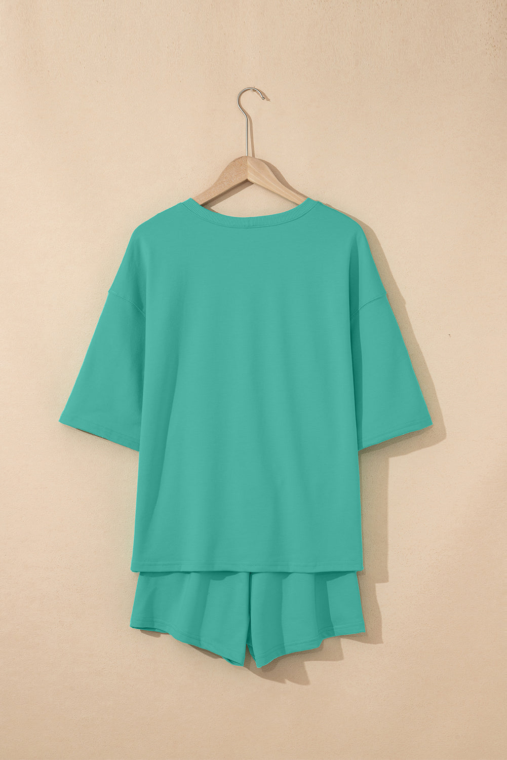 Sea Green Solid Loose V Neck Half Sleeve Tee and Shorts