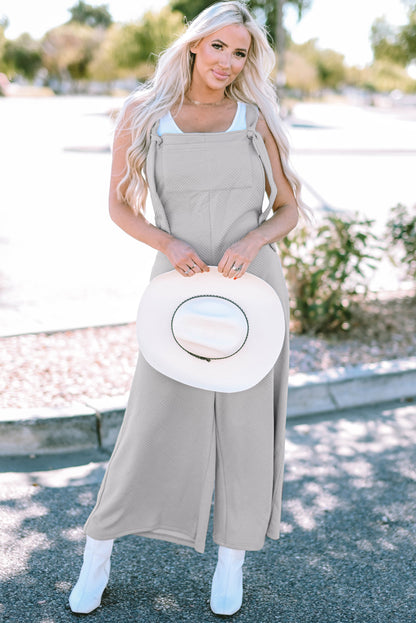 Light Grey Textured Self-Tie Strap Wide-Leg Overalls