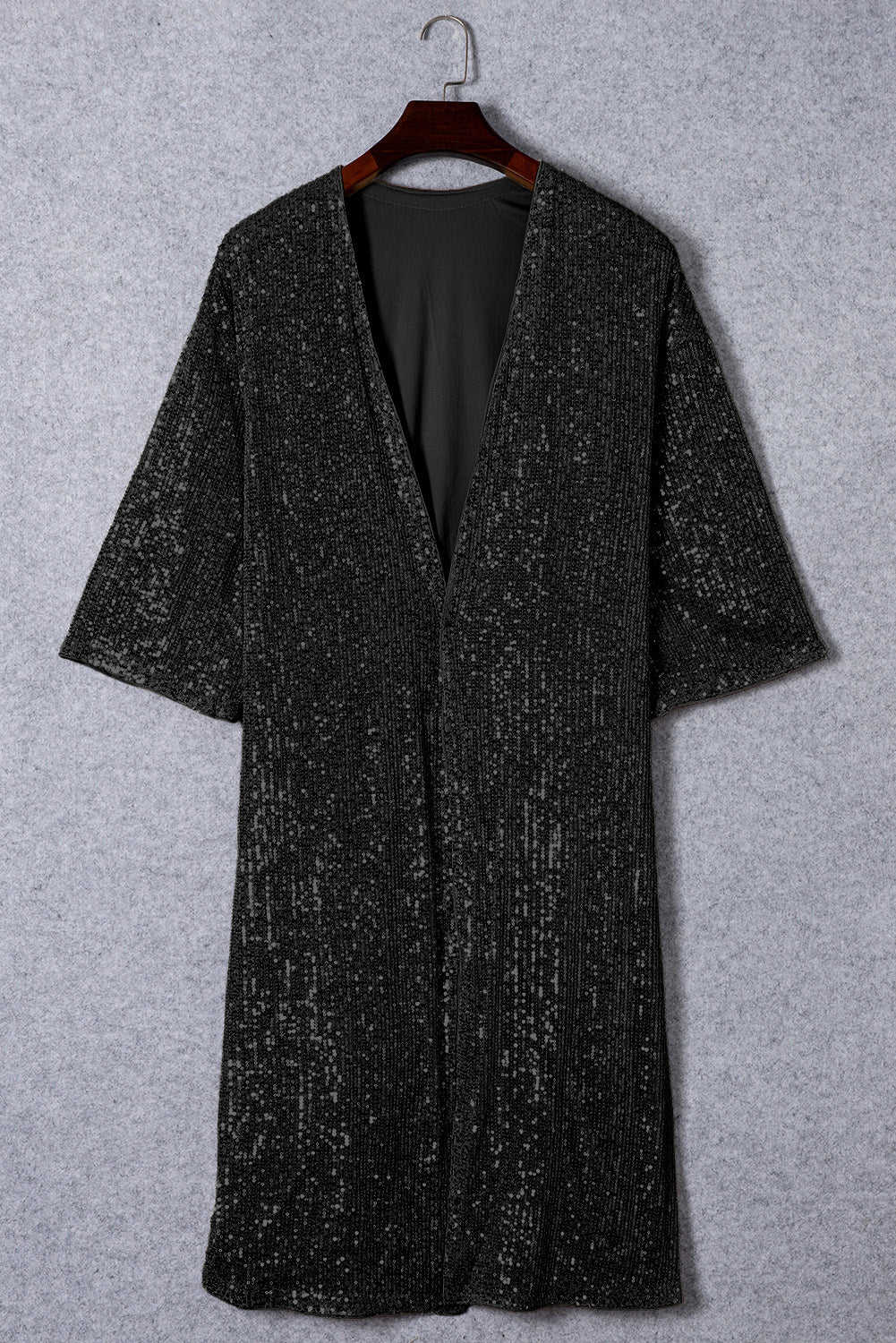 Black Sequin 3/4 Sleeve Open Front Duster Kimono