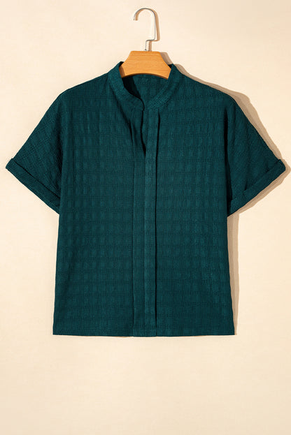 Sea Green Solid Textured Split Neck Short Sleeve Blouse