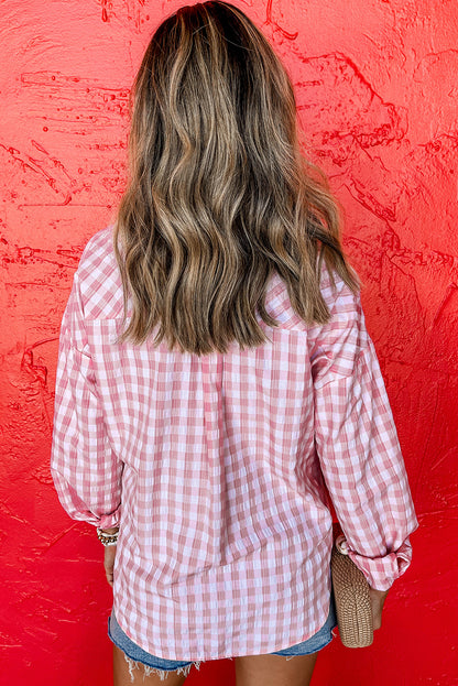 Pink Gingham Print Chest Pockets Buttoned Collared Shirt