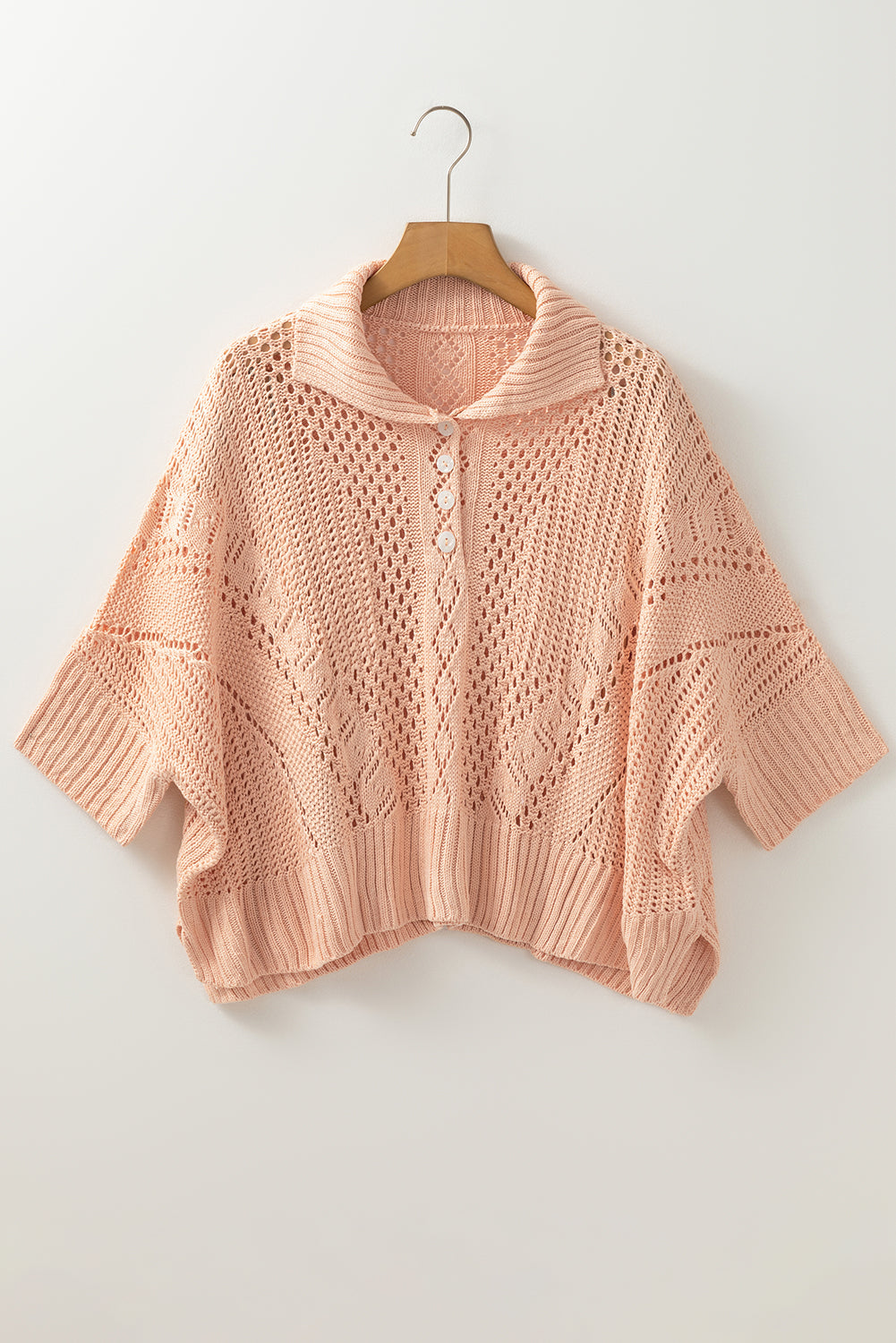 Apricot Pink Hollowed Knit 3/4 Dolman Sleeve Buttoned Collared Sweater