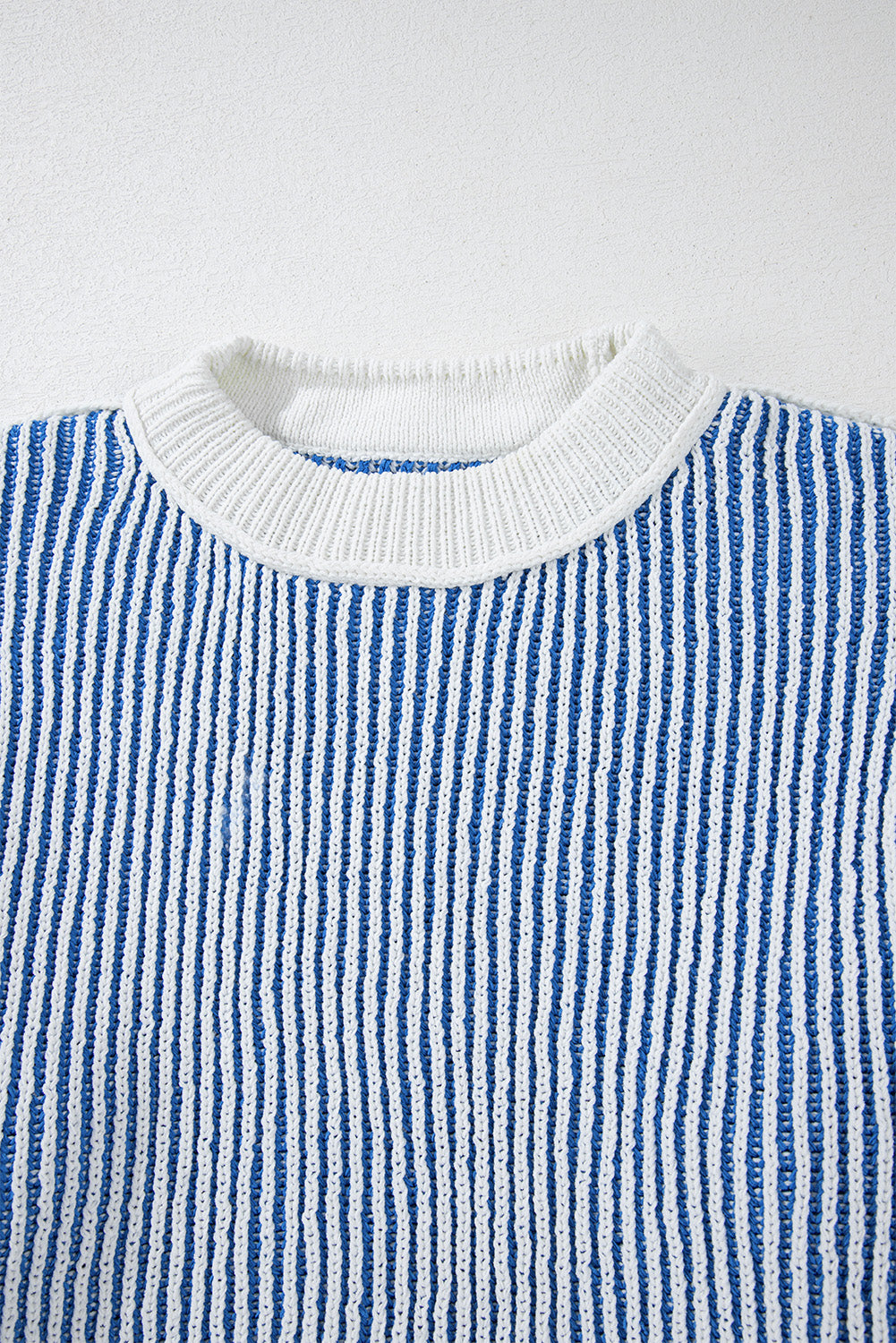 Dark Blue Striped Textured Knit Contrast Edge Loose Sweater