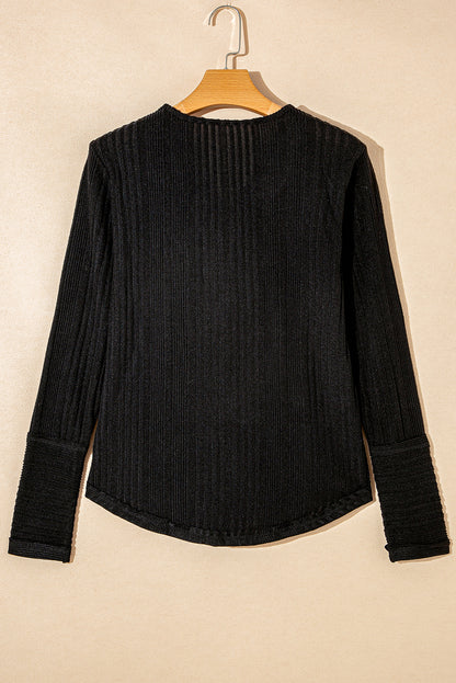 Black V Neck Buttoned Ribbed Knit Top