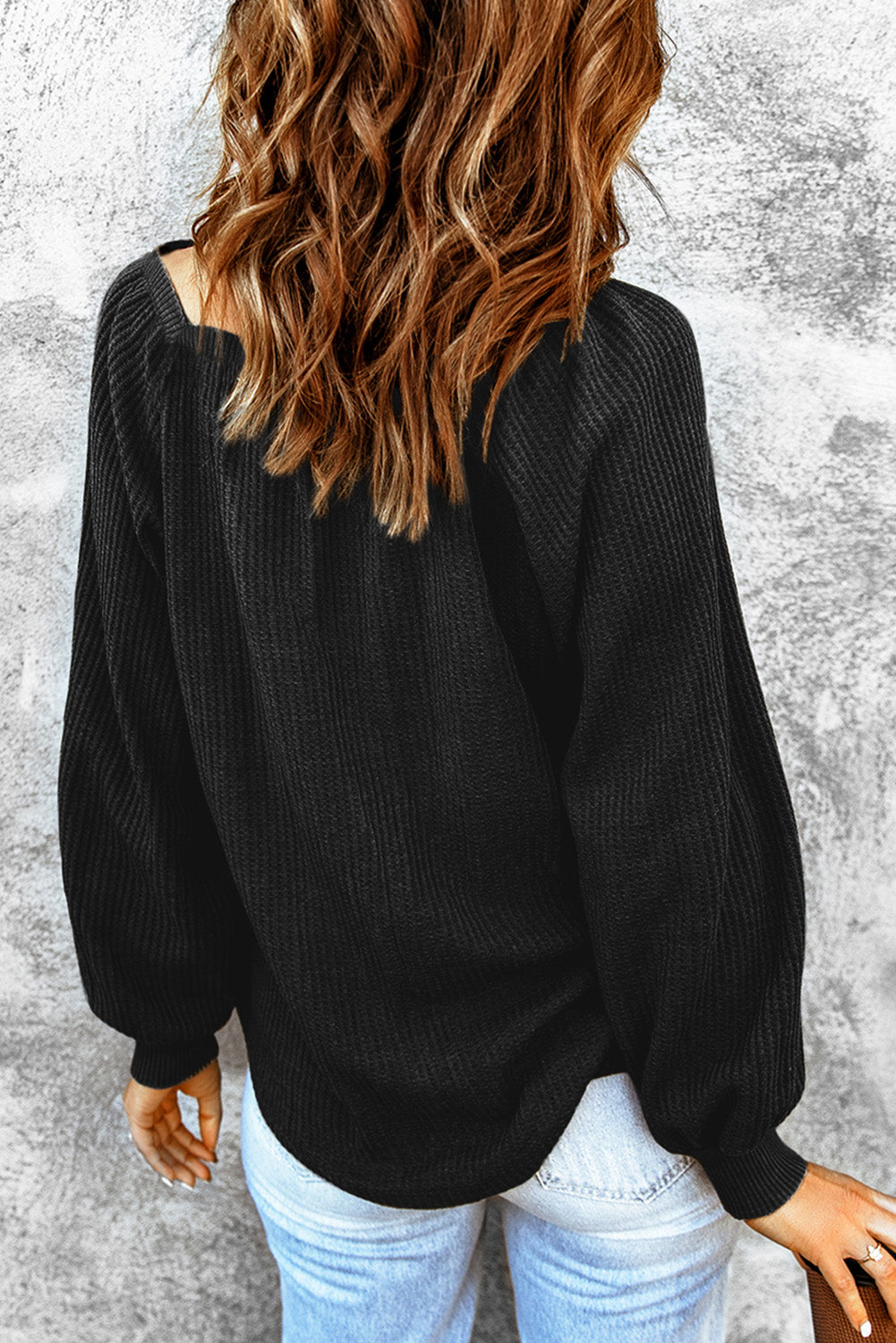 Black Scoop Neck Puff Sleeve Waffle Knit Top