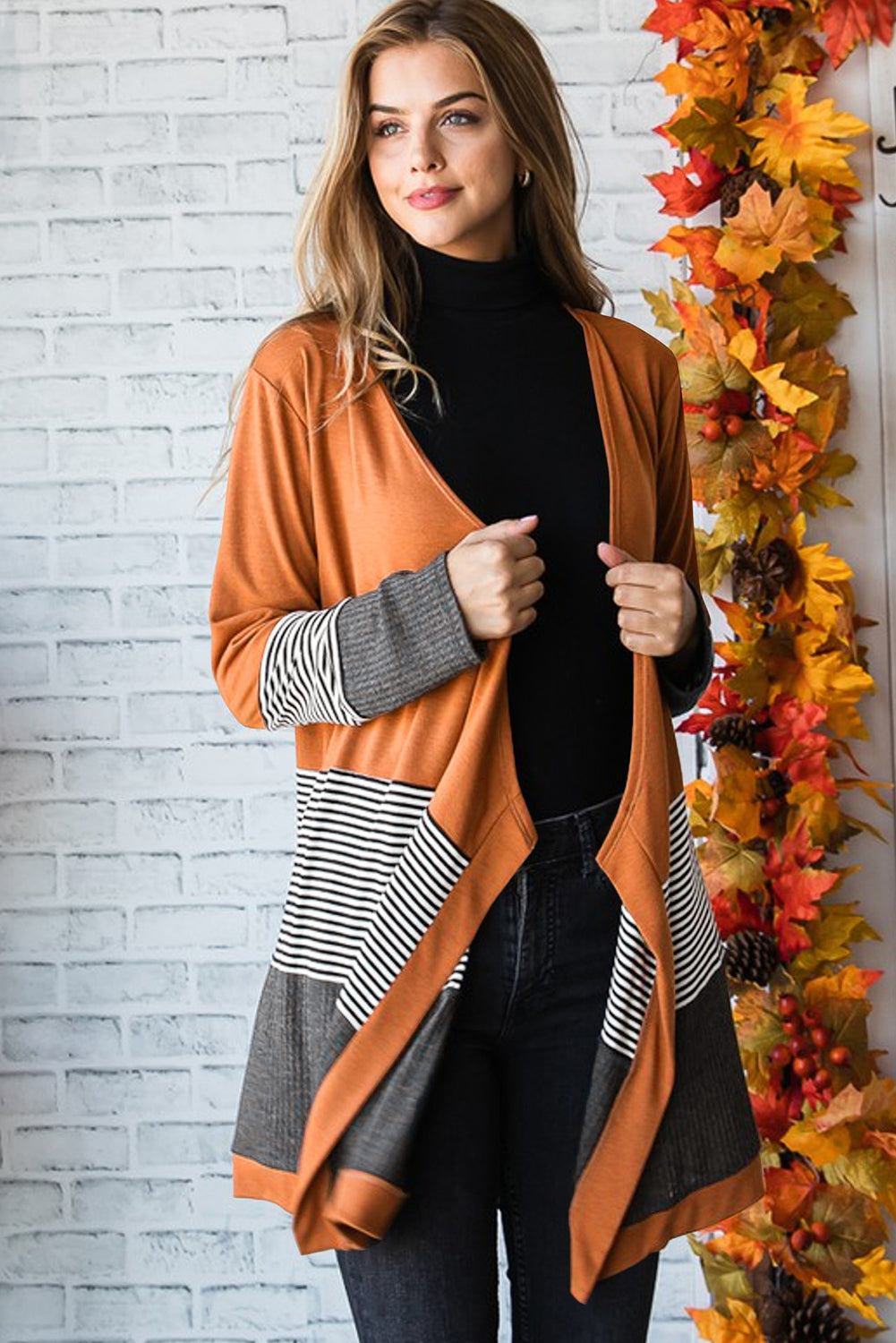 Orange Colorblock Striped Patchwork Open Cardigan