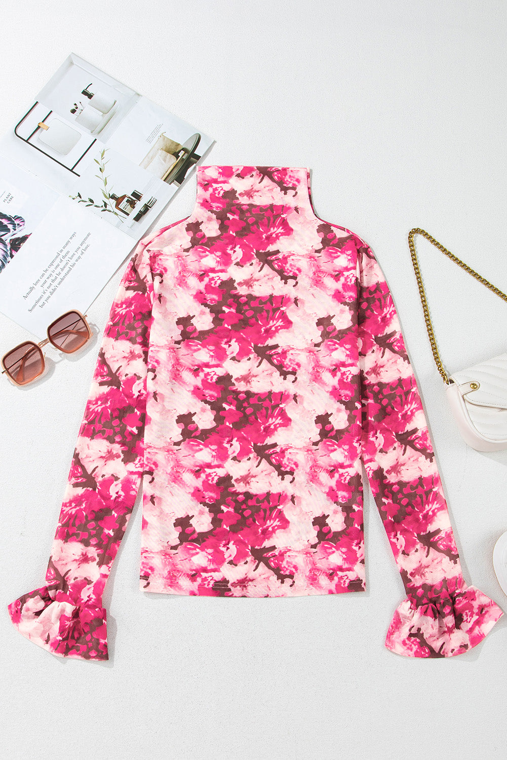 Rose Floral Mesh Flounce Sleeve Mock Neck Blouse