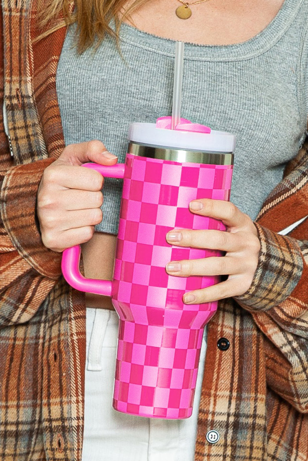 Bright Pink Checkered Print Handled Stainless Steel Tumbler Cup 40oz