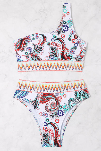 White Boho Paisley Contrast Trimmed One-shoulder Bikini