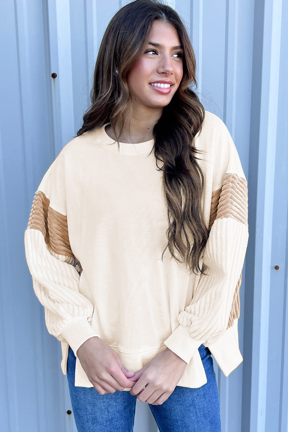 Apricot Corduroy Patchwork Drop Shoulder Long Sleeve Sweatshirt