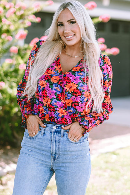 Floral Print Wrap V Neck Long Sleeve Bodysuit