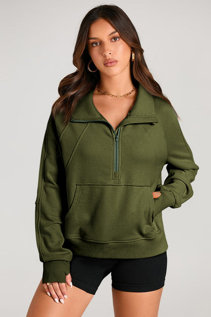 Moss Green Quarter Zip Stand Neck Kangaroo Pocket Sweatshirt