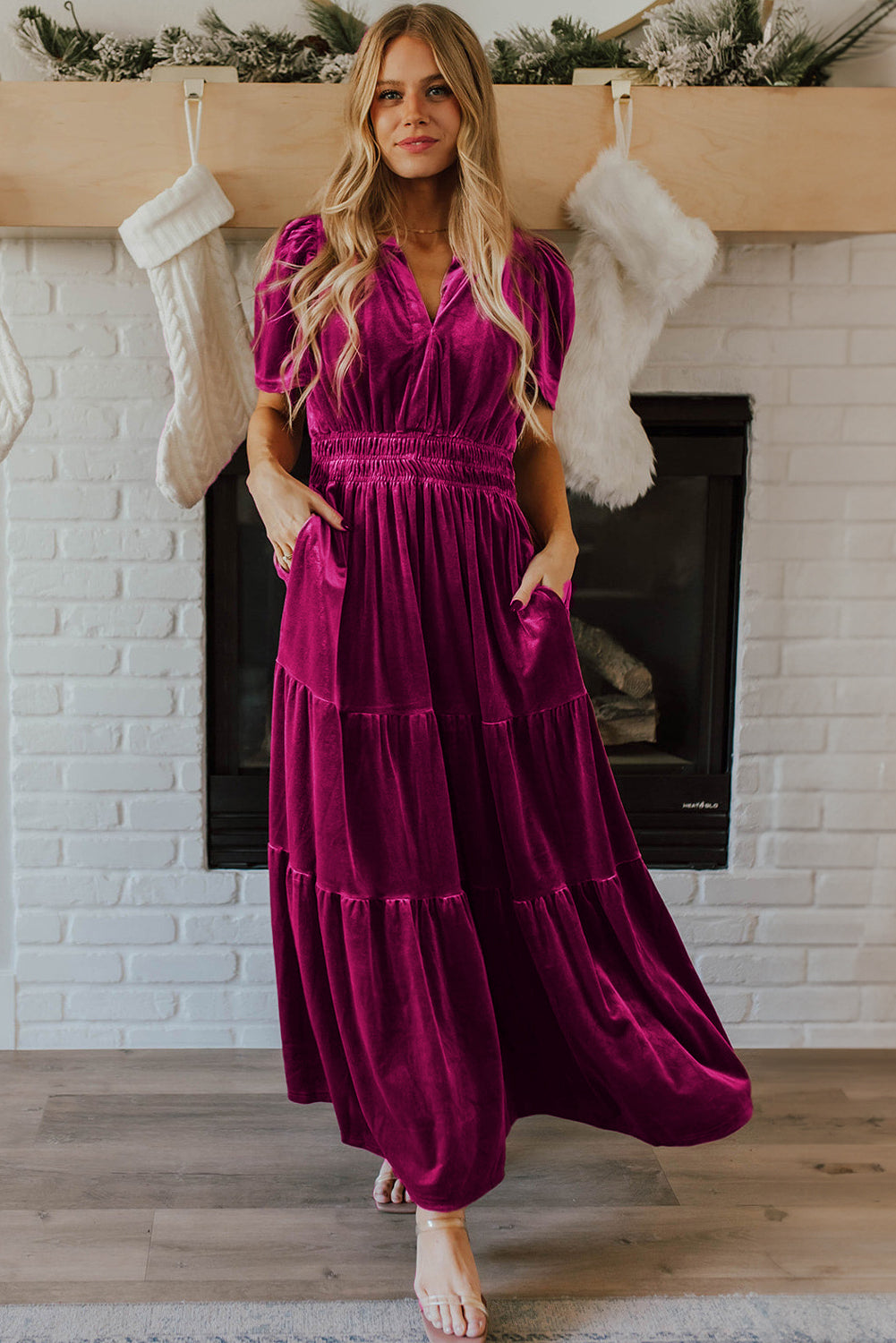 Red Dahlia Velvet Short Sleeve Shirred Waist Tiered Maxi Dress – Probably Preppy