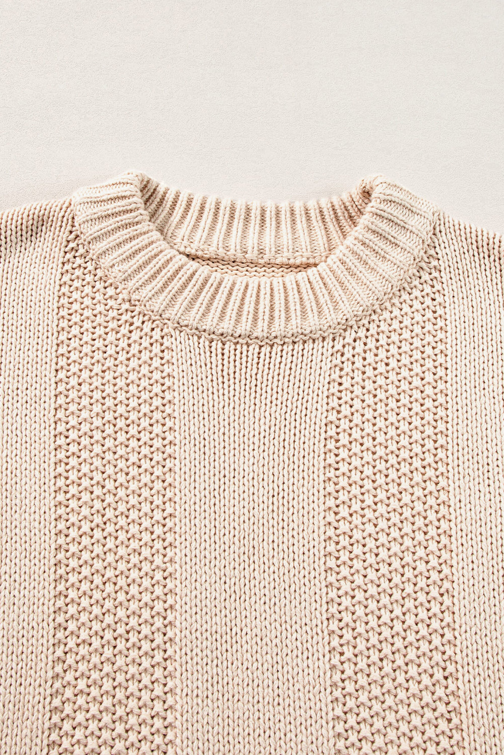 Pale Khaki Solid Color Cable Knit Ribbed Loose Sweater