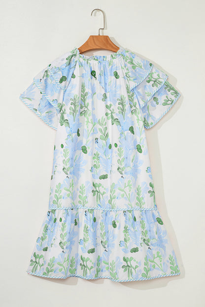 Sky Blue Floral Contrast Edge Layered Short Sleeve Mini Dress