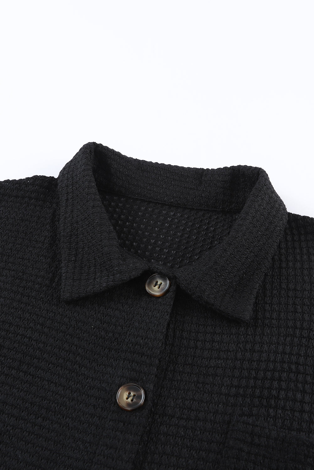 Black Waffle Knit Button Up Casual Shirt