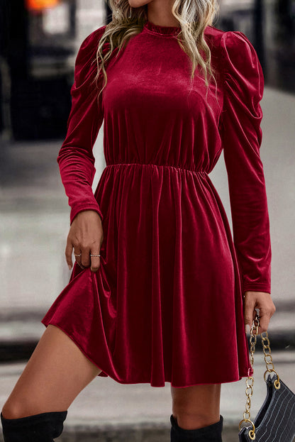 Red Dahlia Velvet Frilled Neck Gigot Sleeve Swing Dress