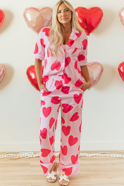 Pink Classic Heart Valentines Short Sleeve Pants Pajamas Set