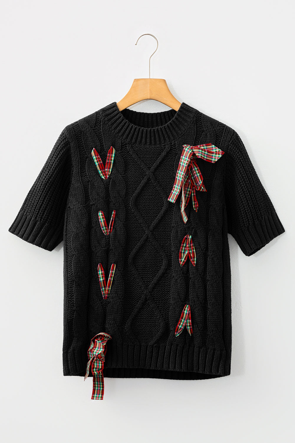 Black Plaid Lace up Detail Christmas Holiday Puff Short Sleeve Sweater