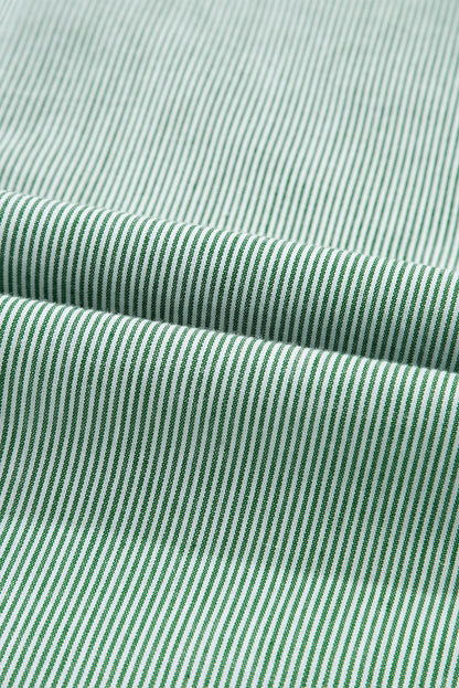 Green Stripe Frilled Sleeveless Collar Front Pocket Button Up Mini Dress
