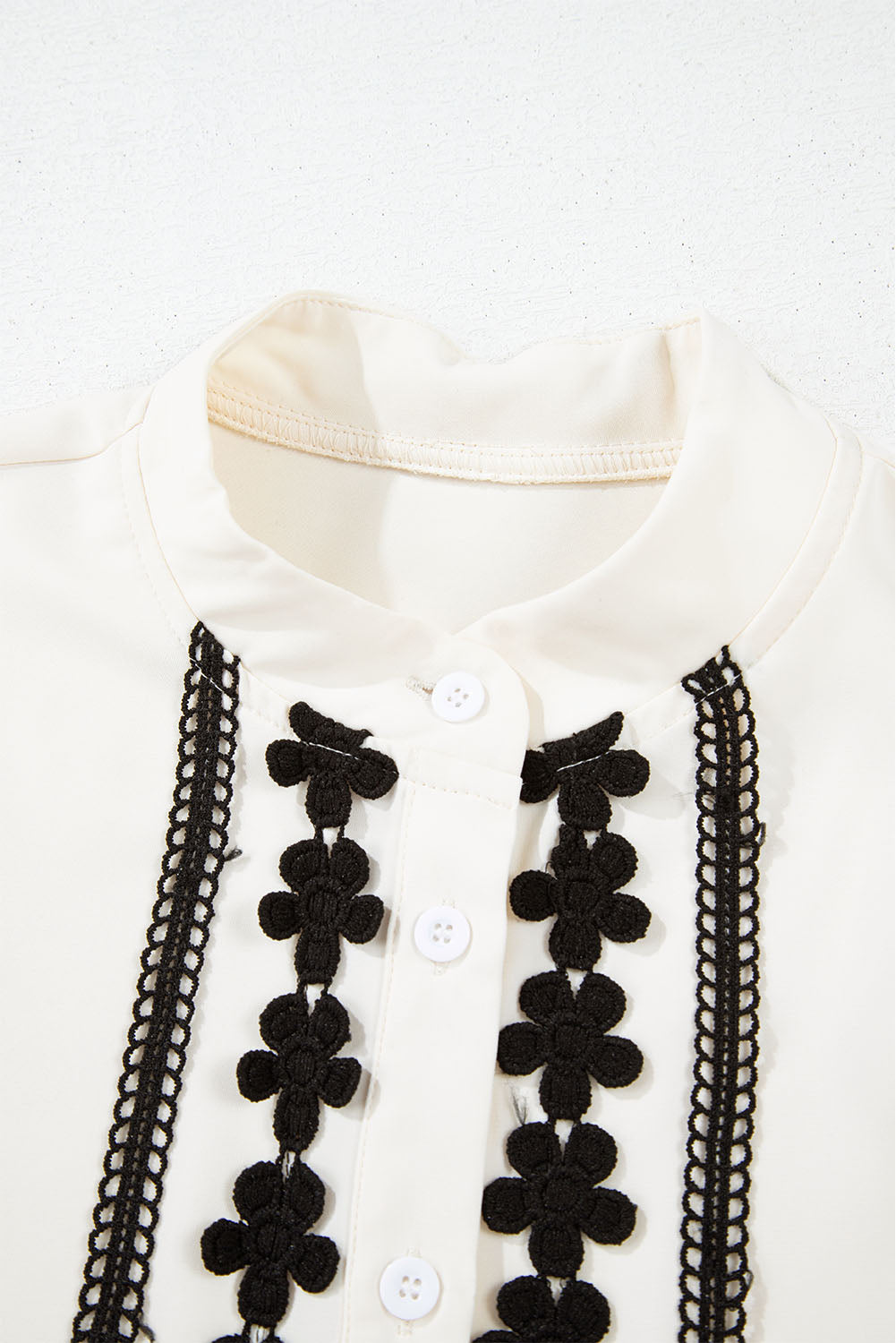 Beige Floral Embroidered Stand Neck Buttoned Shirt