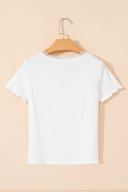 White Lace V Neckline Ribbed Slim Fit T Shirt