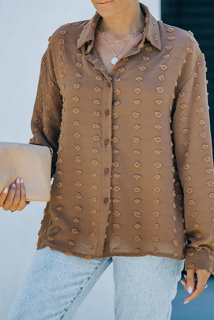 Brown Long Sleeve Button Fuzzy Polka Dot Shirt