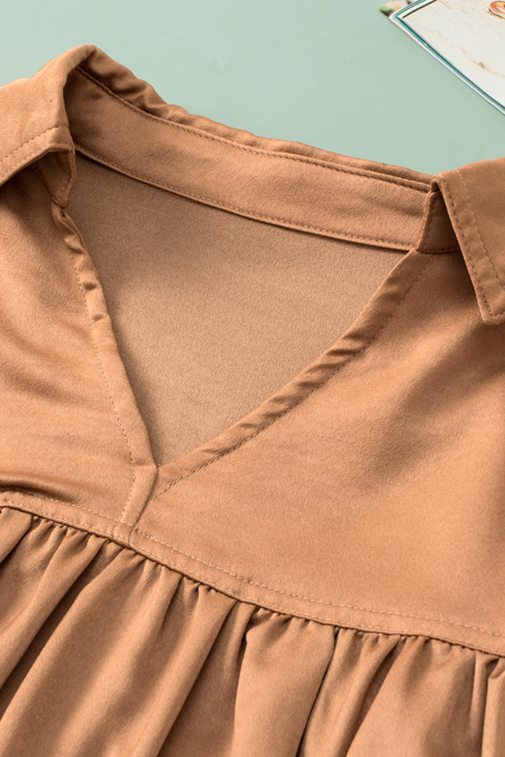 Brown Puff Sleeve Collared Pleated Babydoll Blouse