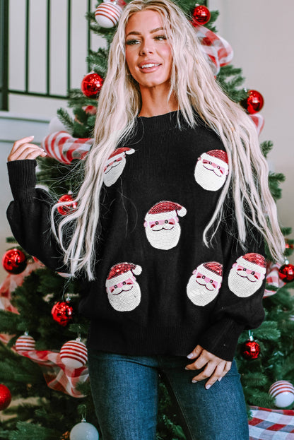 Black Sequined Santa Clause Bishop Sleeve Sweater