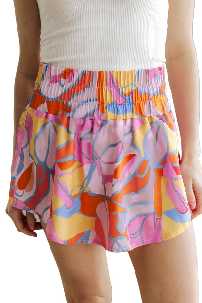 Purple Abstract Print Smock Waist Casual Shorts