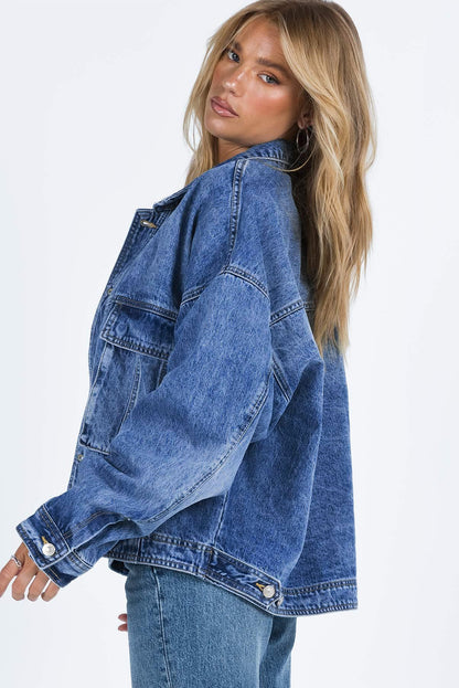 Blue Chest Pockets Drop Shoulder Loose Denim Jacket