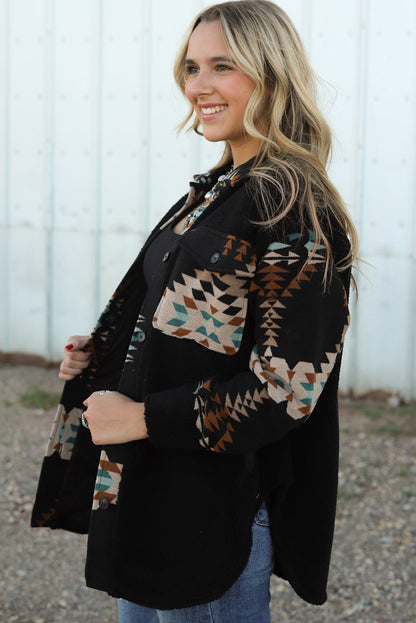 Black Western Aztec Print Accent Fleece Shacket