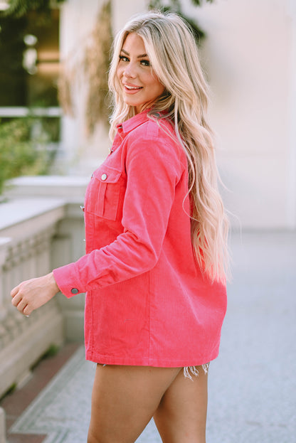 Pink Buttoned Flap Pocket Corduroy Jacket