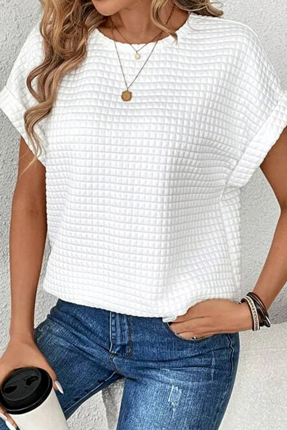 White Checkered Textured Bat Sleeve T Shirt