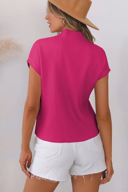 Rose Red Patch Pocket Ribbed Knit Short Sleeve Sweater