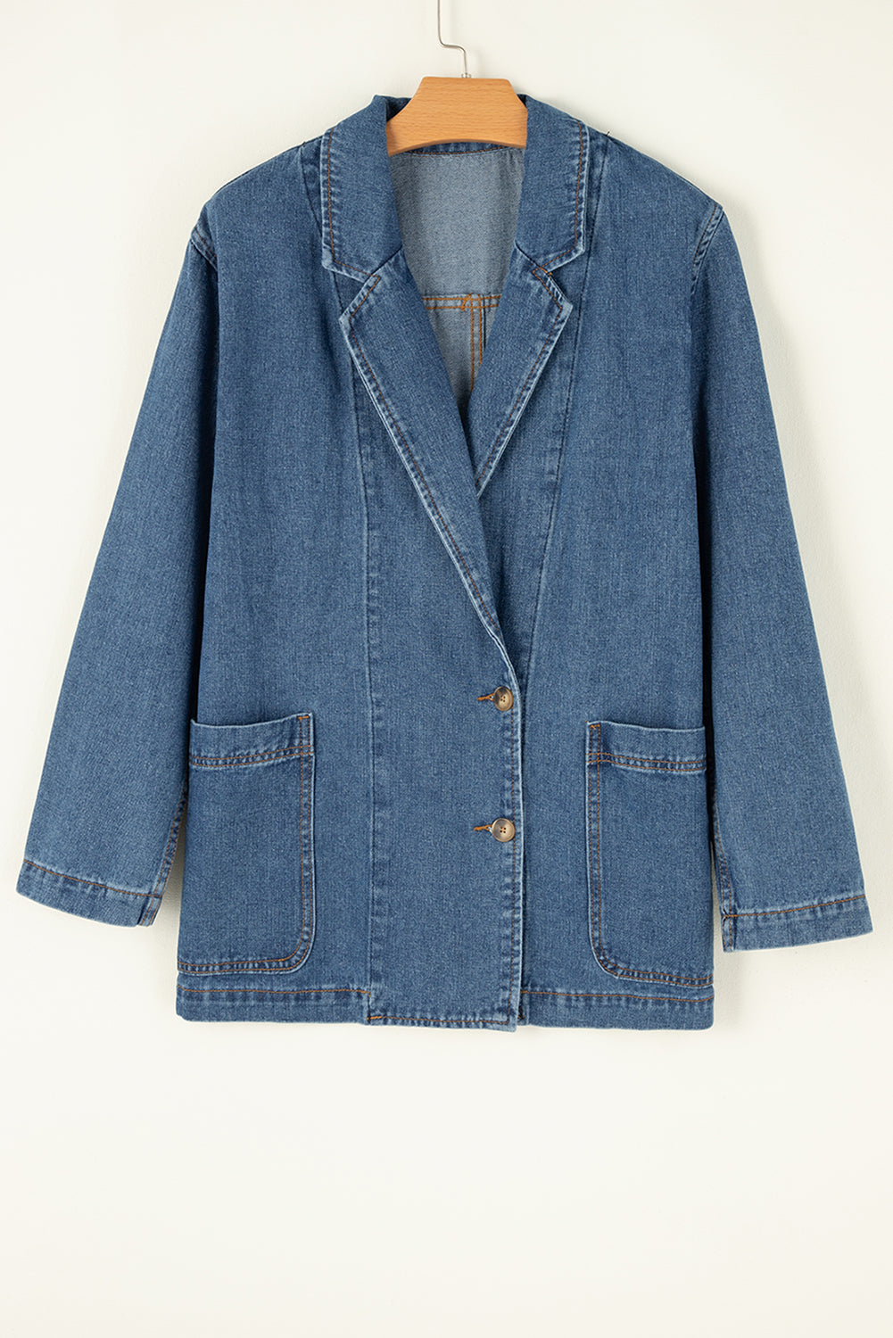 Sail Blue Side Pockets Lapel Collar Denim Jacket