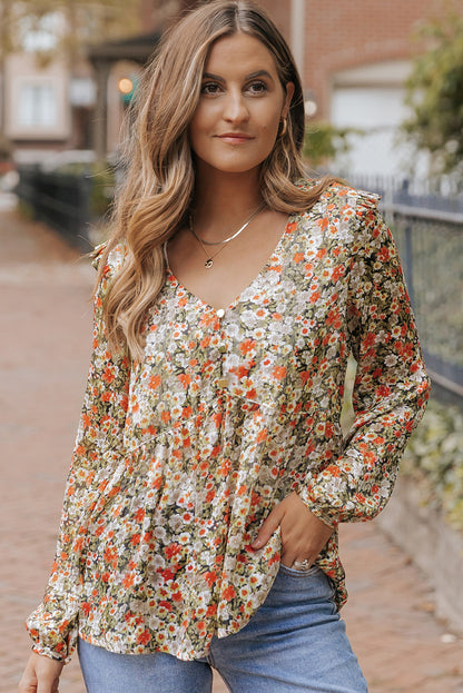 Khaki V Neck Ruffled Babydoll Floral Blouse