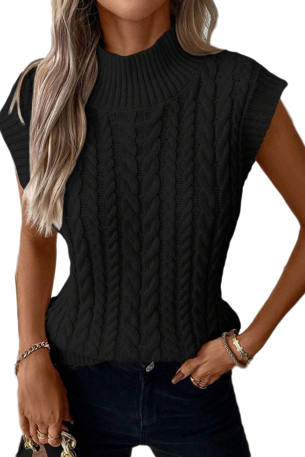 Black Cable Knit High Neck Sweater Vest