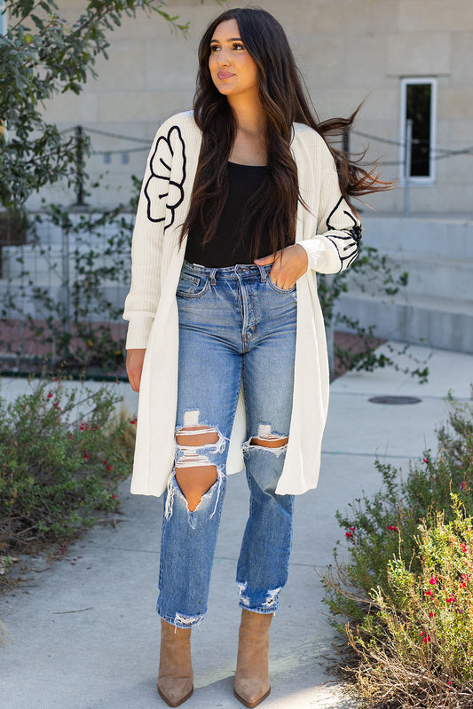 Beige Flower Embroidered Drop Shoulder Open Front Duster Cardigan