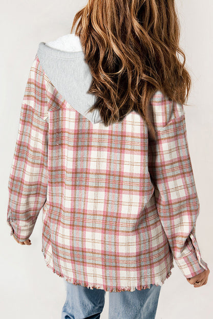 Multicolour Plaid Flap Pocket Hooded Raw Hem Jacket