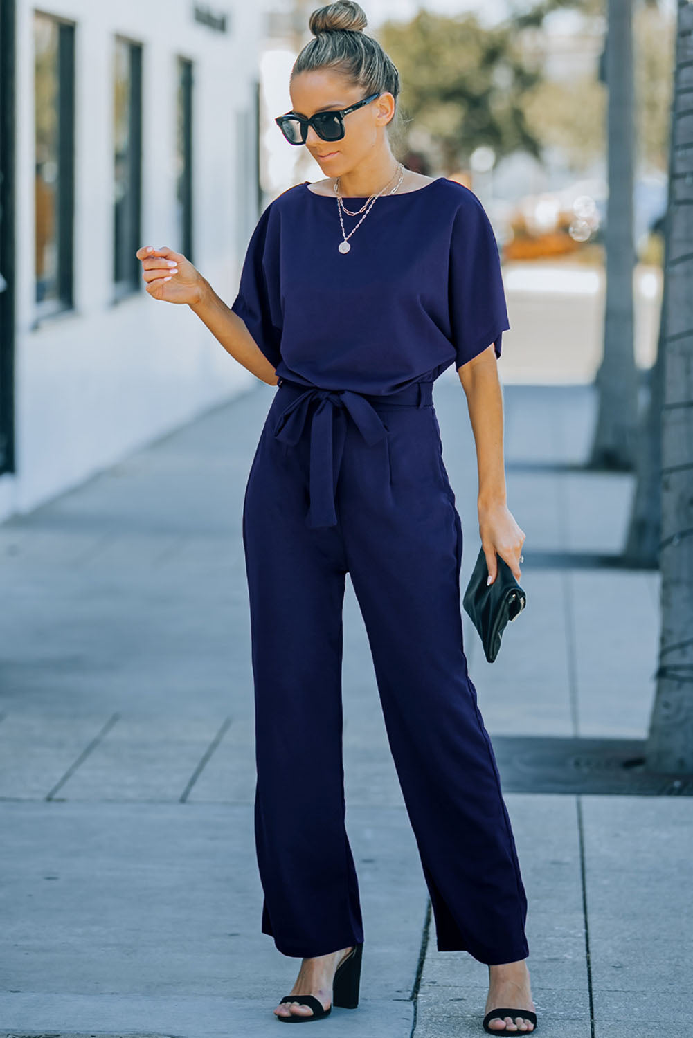 Blue Belted Wide Leg Jumpsuit