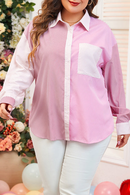 Pink Stripe Print Colorblock Plus Size Shirt