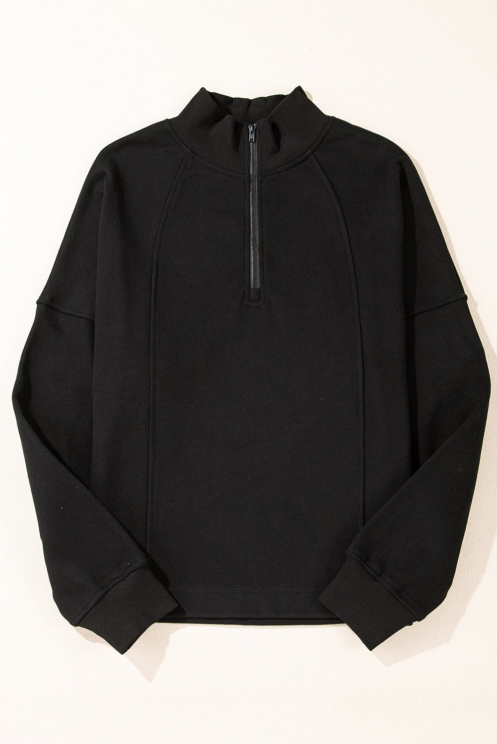 Black Zipped Neck Pullover Drop Shoulder Sweatshirt