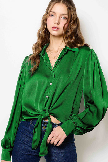 Dark Green Solid Color Flowy Balloon Sleeve Tie Front Buttoned Shirt