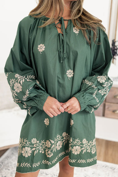 Mist Green Tie Neck Boho Floral Pattern Puff Sleeve Shift Dress