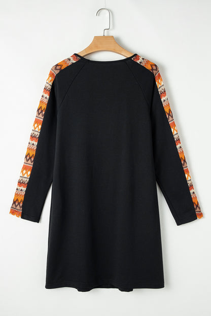 Orange Contrast Geo Raglan Sleeve Patchwork Dress