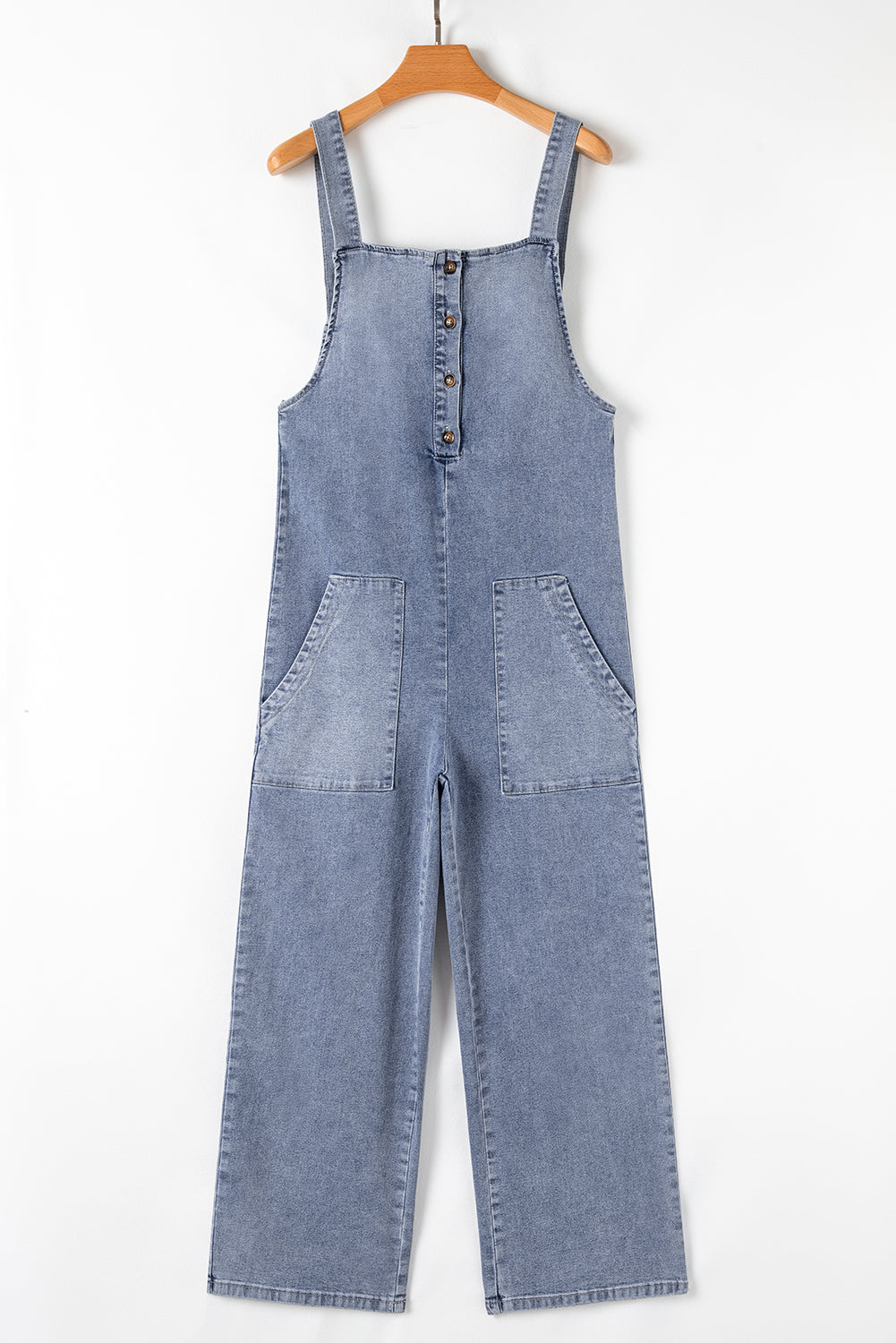 Stone Blue Washed Denim Half Buttons Patched Pocket Wide Leg Overalls