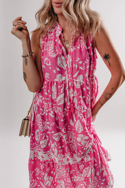 Rose Floral Sleeveless Tasseled Lace-up Neck Tiered Midi Dress