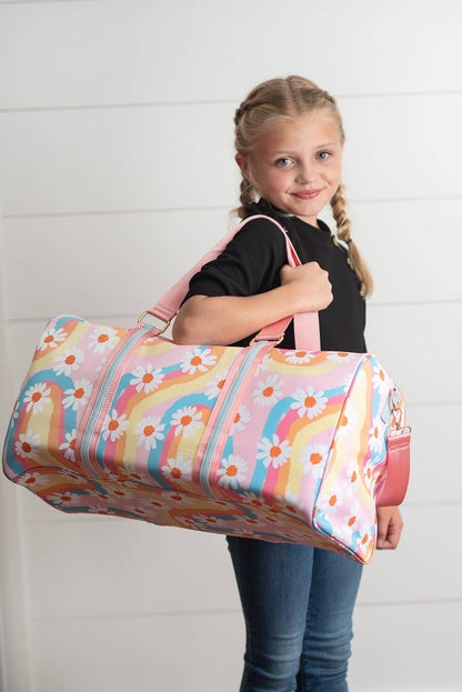 Kids Pink Rainbow Retro Daisy Duffle Bag Travel Weekender